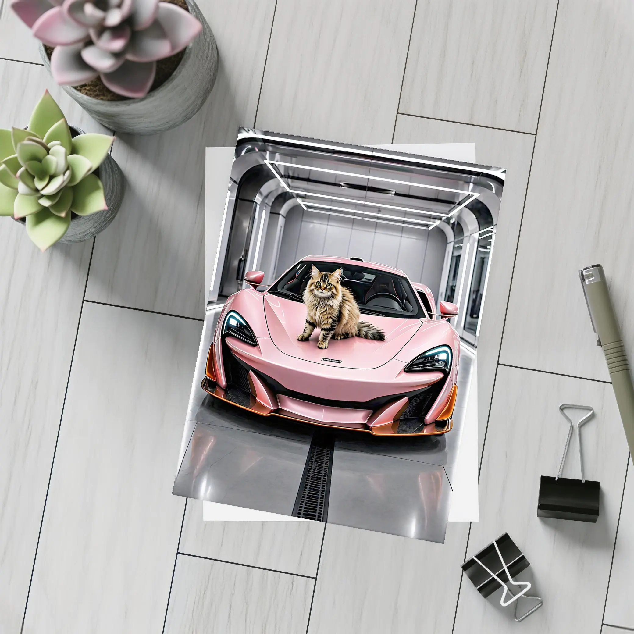 Pink McLaren Cat Sitting On Hood – Postcards