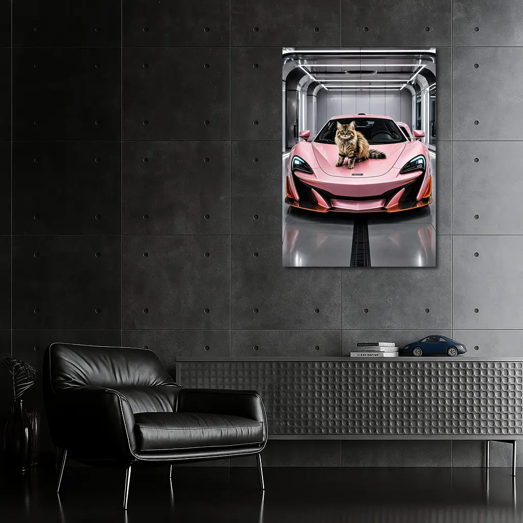 Pink McLaren Cat Sitting On Hood – Wall Art