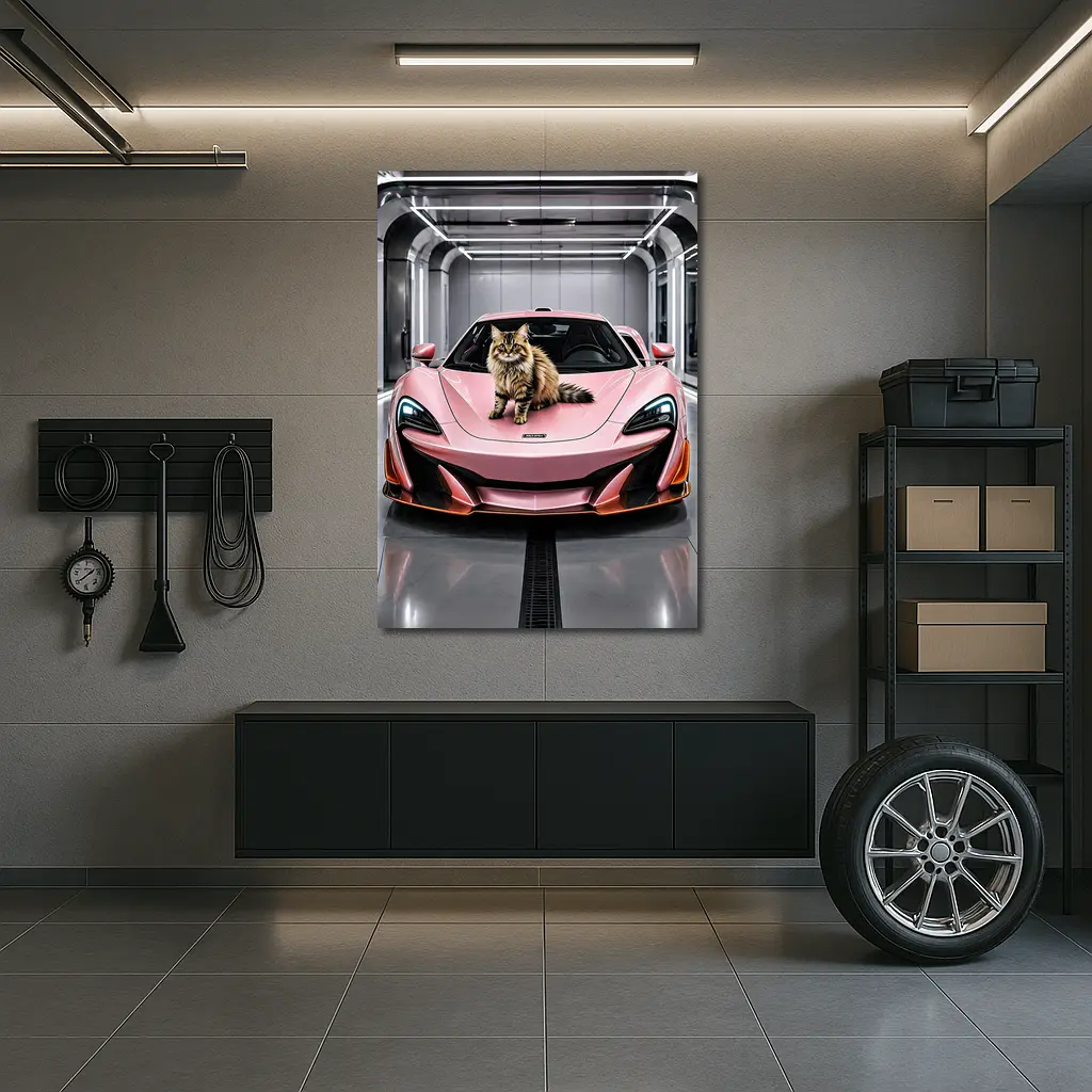 Pink McLaren Cat Sitting On Hood – Wall Art