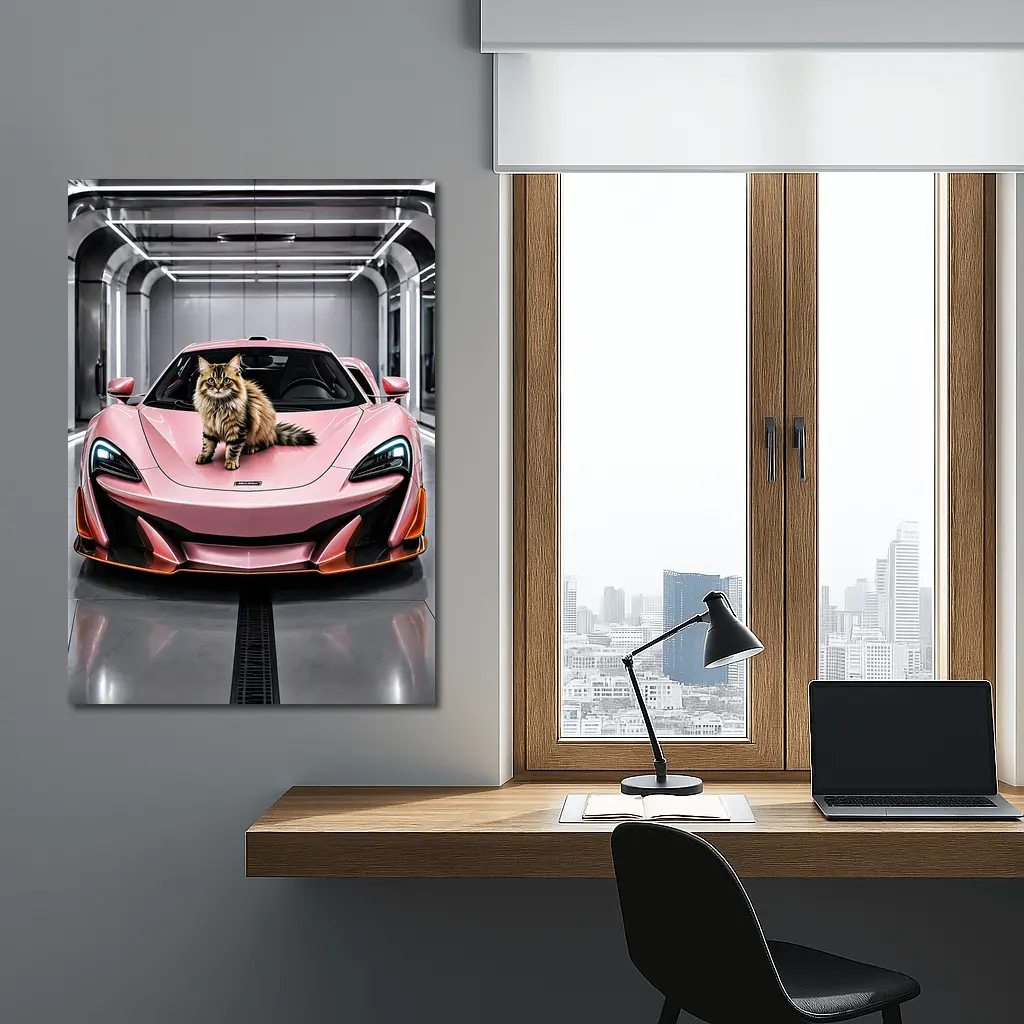 Pink McLaren Cat Sitting On Hood – Wall Art