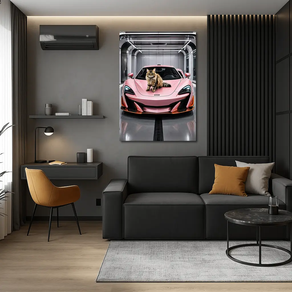 Pink McLaren Cat Sitting On Hood – Wall Art