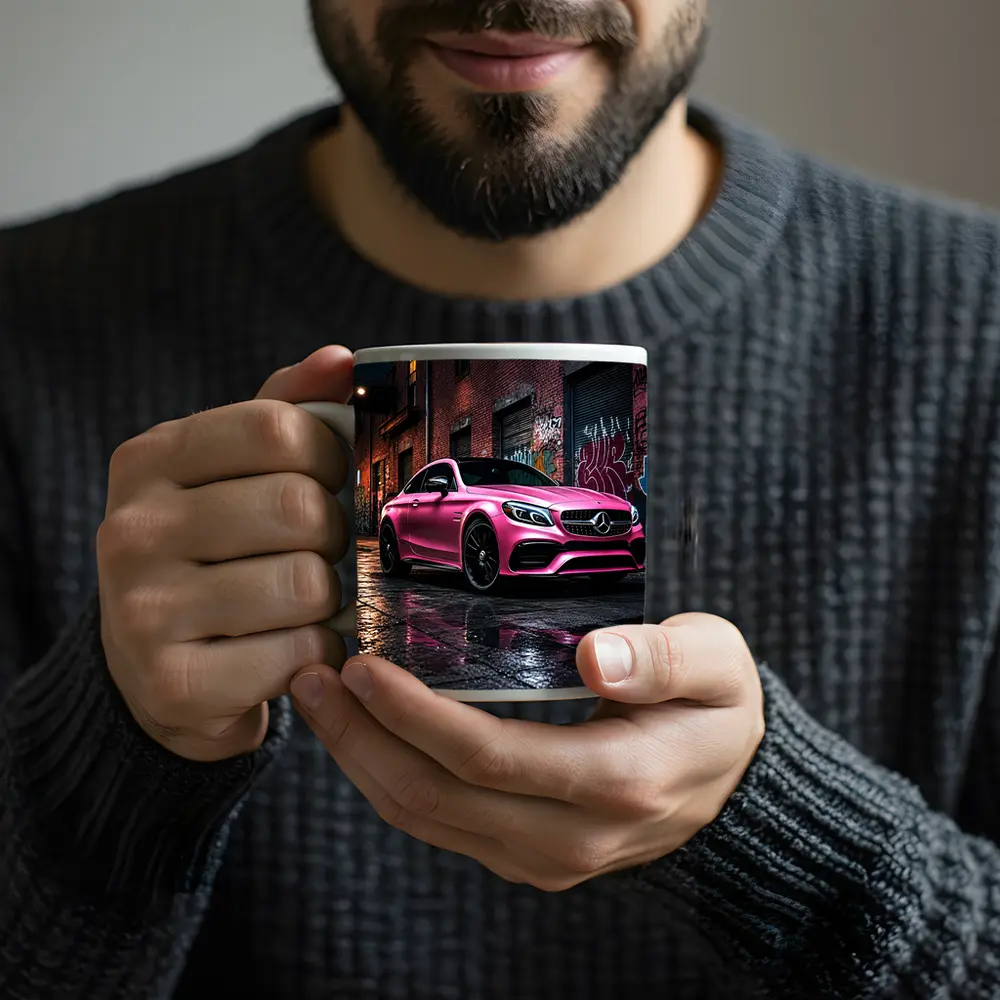 Pink Mercedes AMG C63 Graffiti Alley Night – Mugs