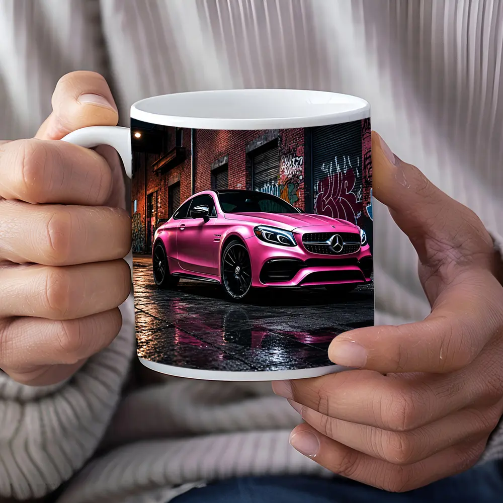 Pink Mercedes AMG C63 Graffiti Alley Night – Mugs