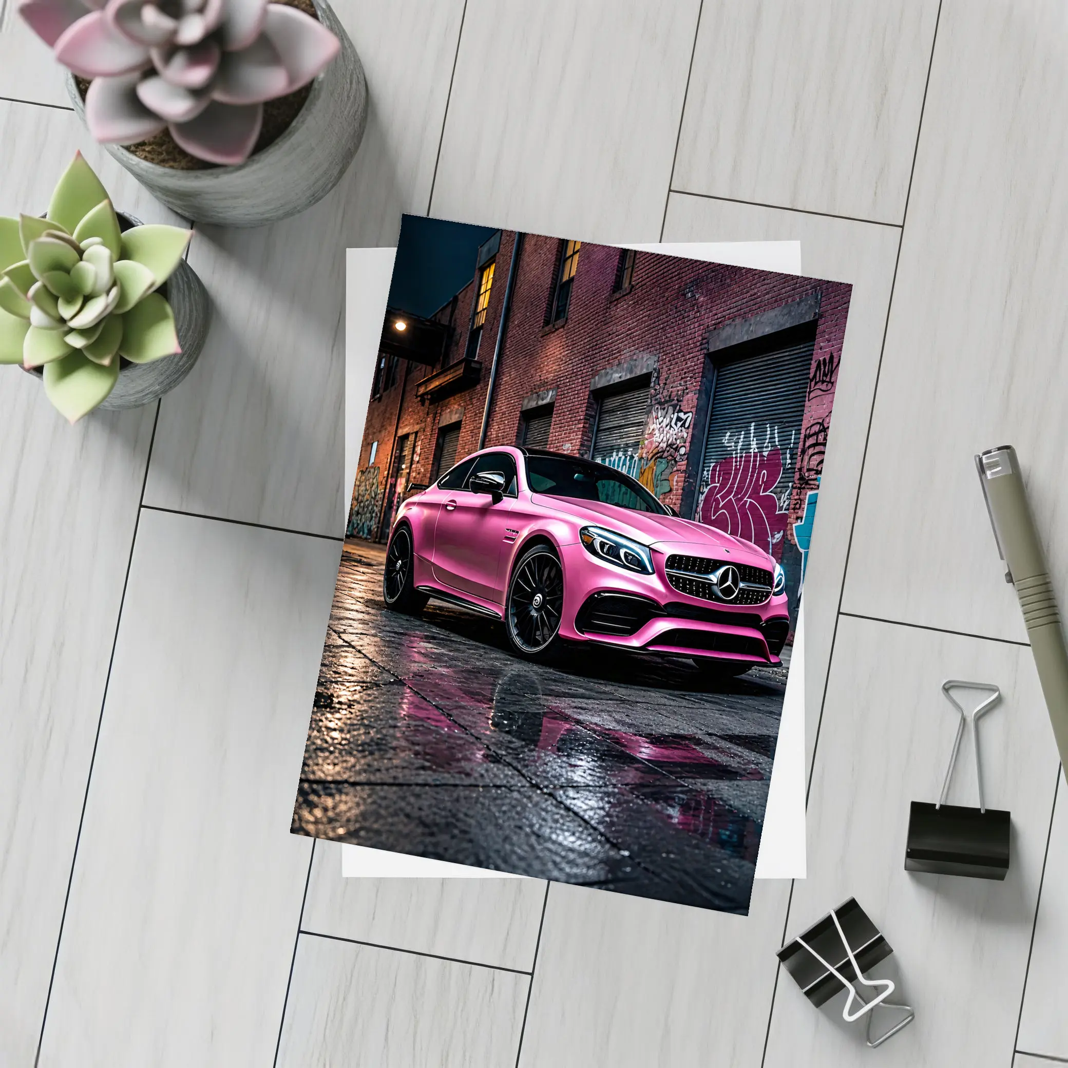 Pink Mercedes AMG C63 Graffiti Alley Night – Postcards