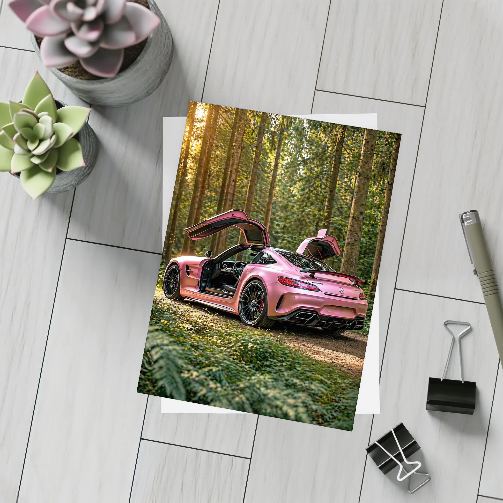 Pink Mercedes AMG GT Forest Setting – Postcards
