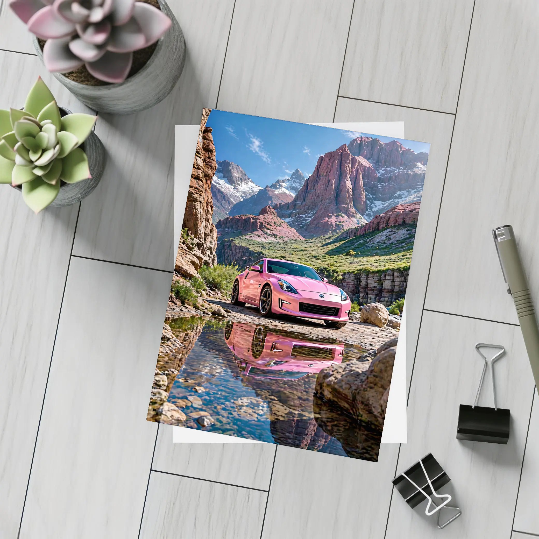 Pink Nissan 370Z Rocky Mountain Canyon – Postcards