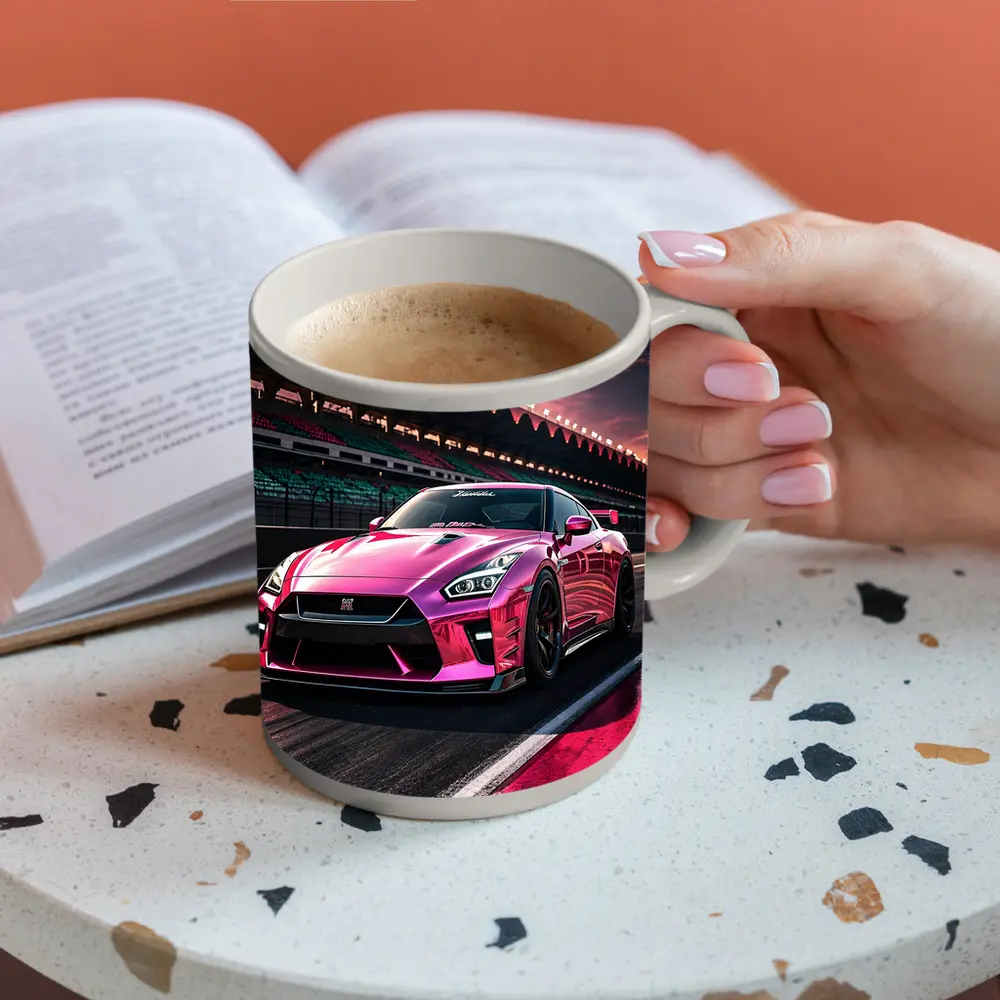 Pink Nissan GT-R On Racing Track – Mugs