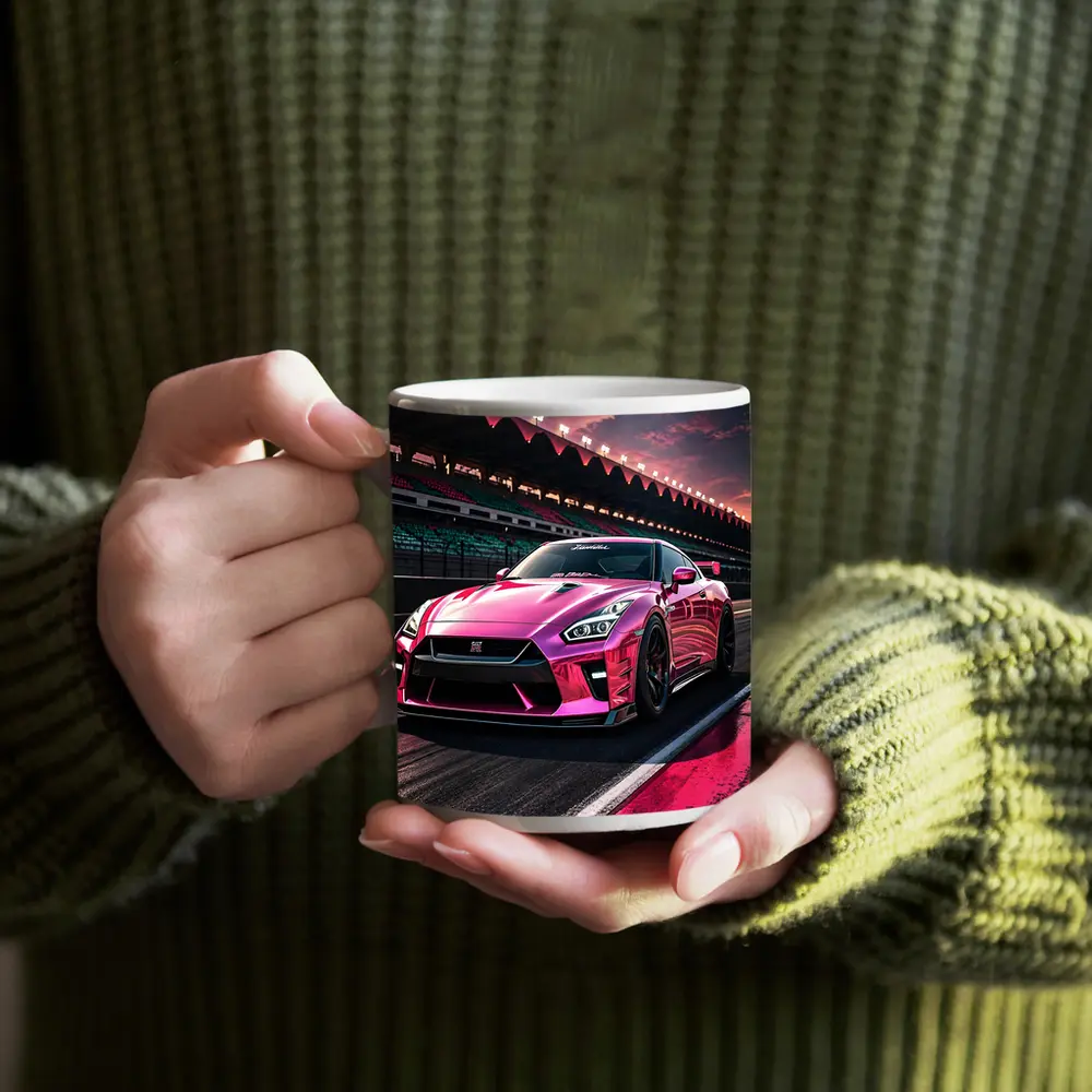 Pink Nissan GT-R On Racing Track – Mugs