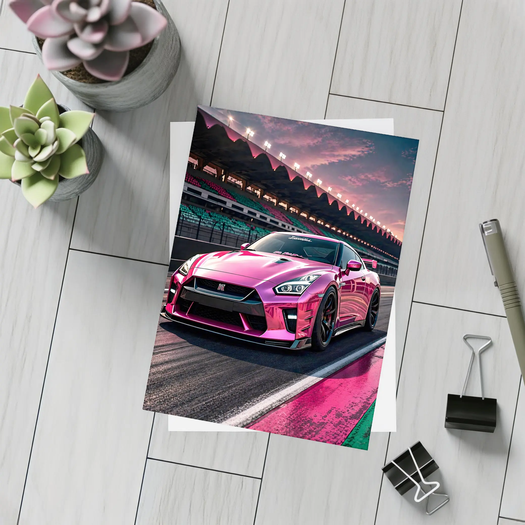 Pink Nissan GT-R On Racing Track – Postcards