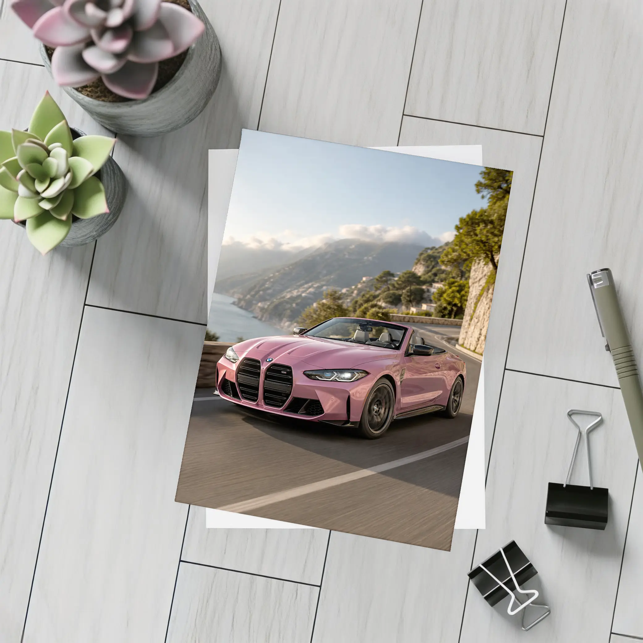 BMW M4 Convertible Pink Coastal Road Drive – Postcards