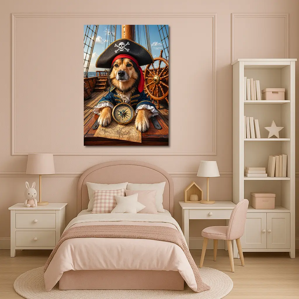 Golden Retriever Pirate Captain on Ship Deck – Wall Art