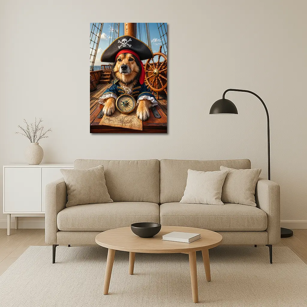 Golden Retriever Pirate Captain on Ship Deck – Wall Art