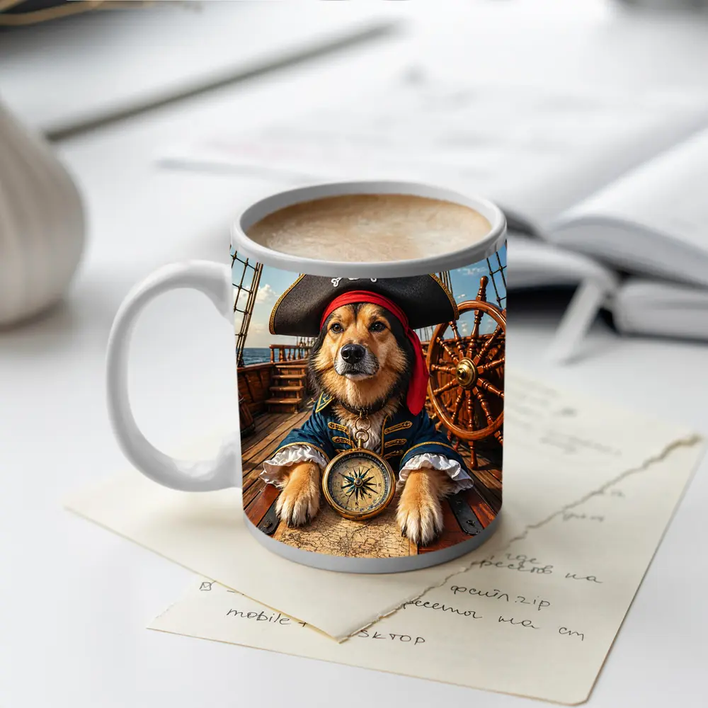 Golden Retriever Pirate Captain on Ship Deck – Mugs