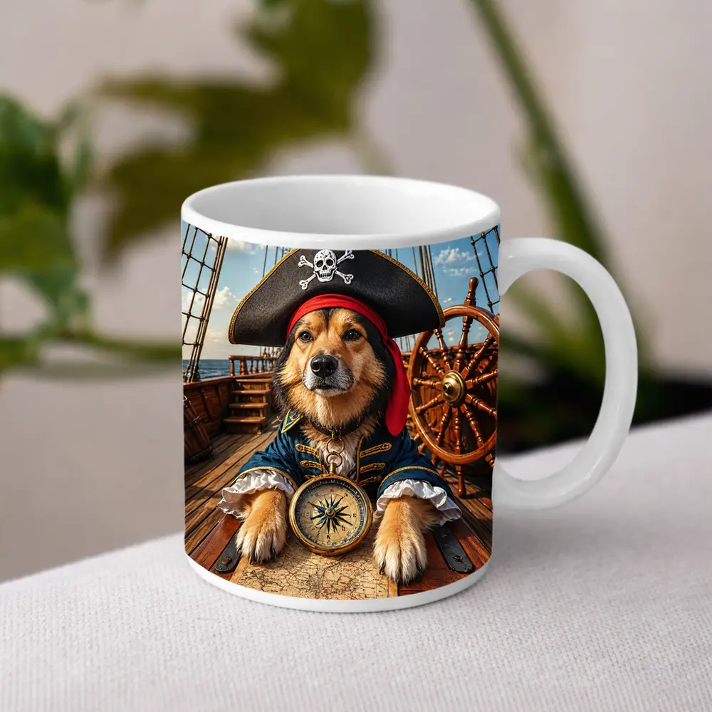 Golden Retriever Pirate Captain on Ship Deck – Mugs