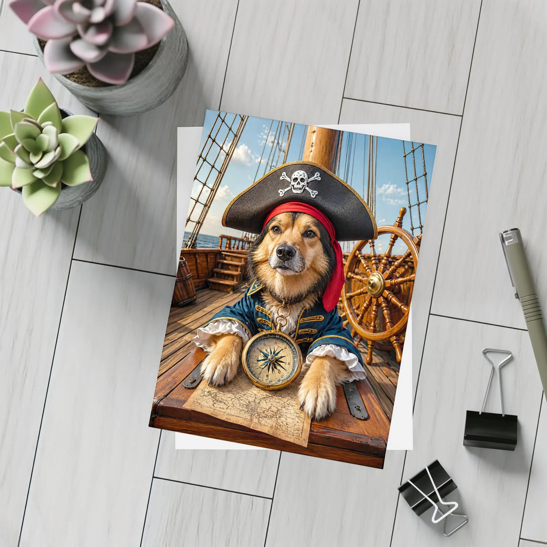Golden Retriever Pirate Captain on Ship Deck – Postcards