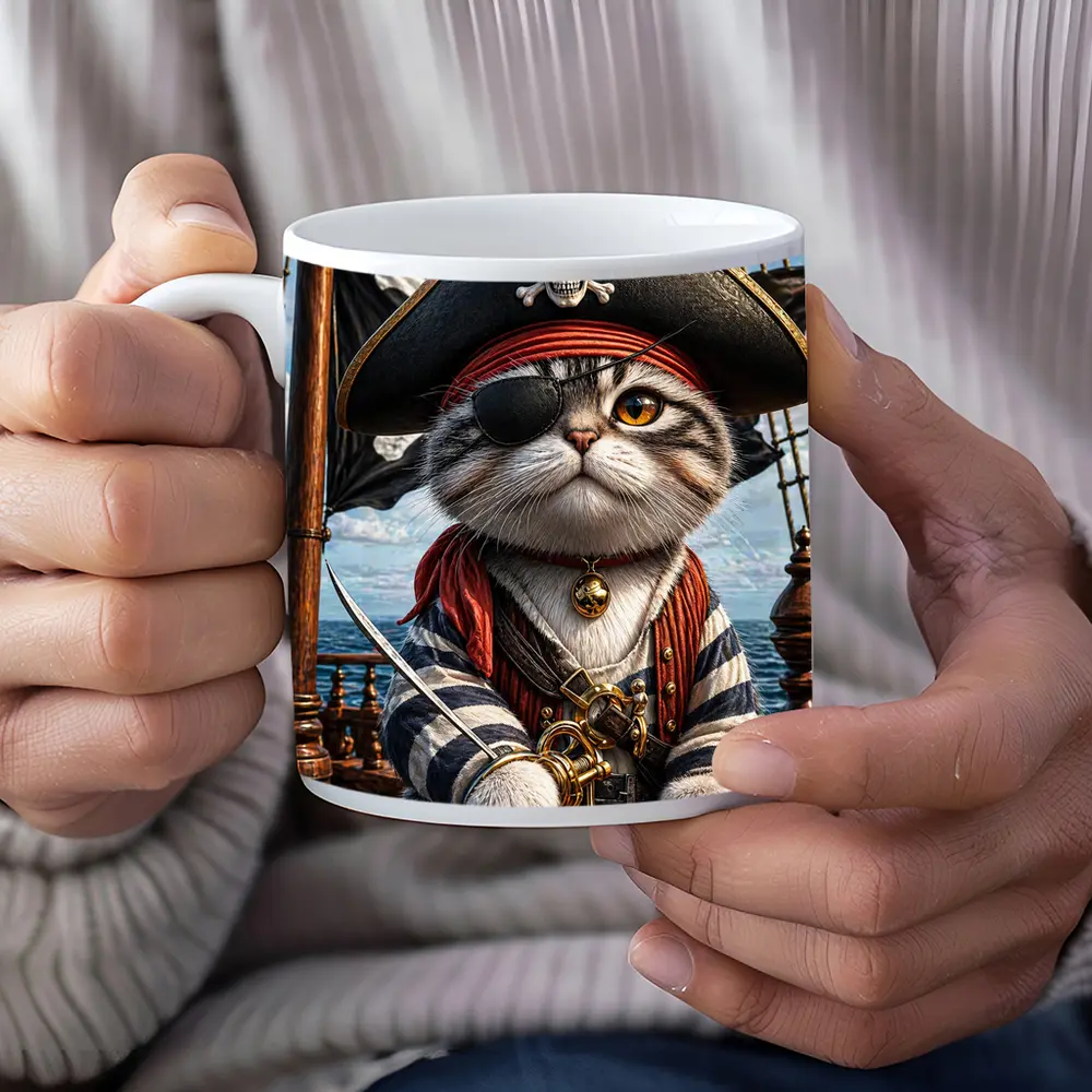 Pirate Cat on Ship Deck Ocean – Mugs