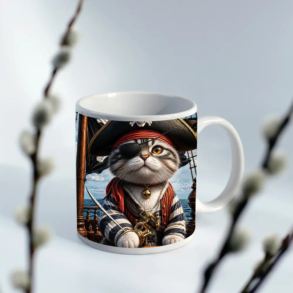 Pirate Cat on Ship Deck Ocean – Mugs