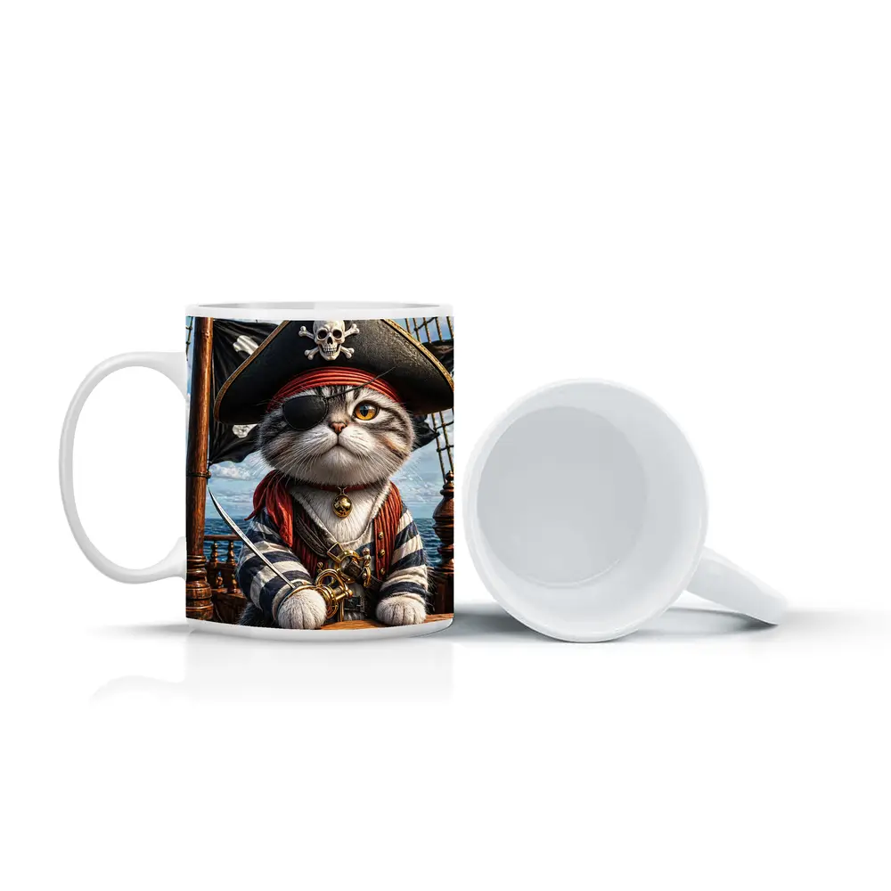 Pirate Cat on Ship Deck Ocean – Mugs