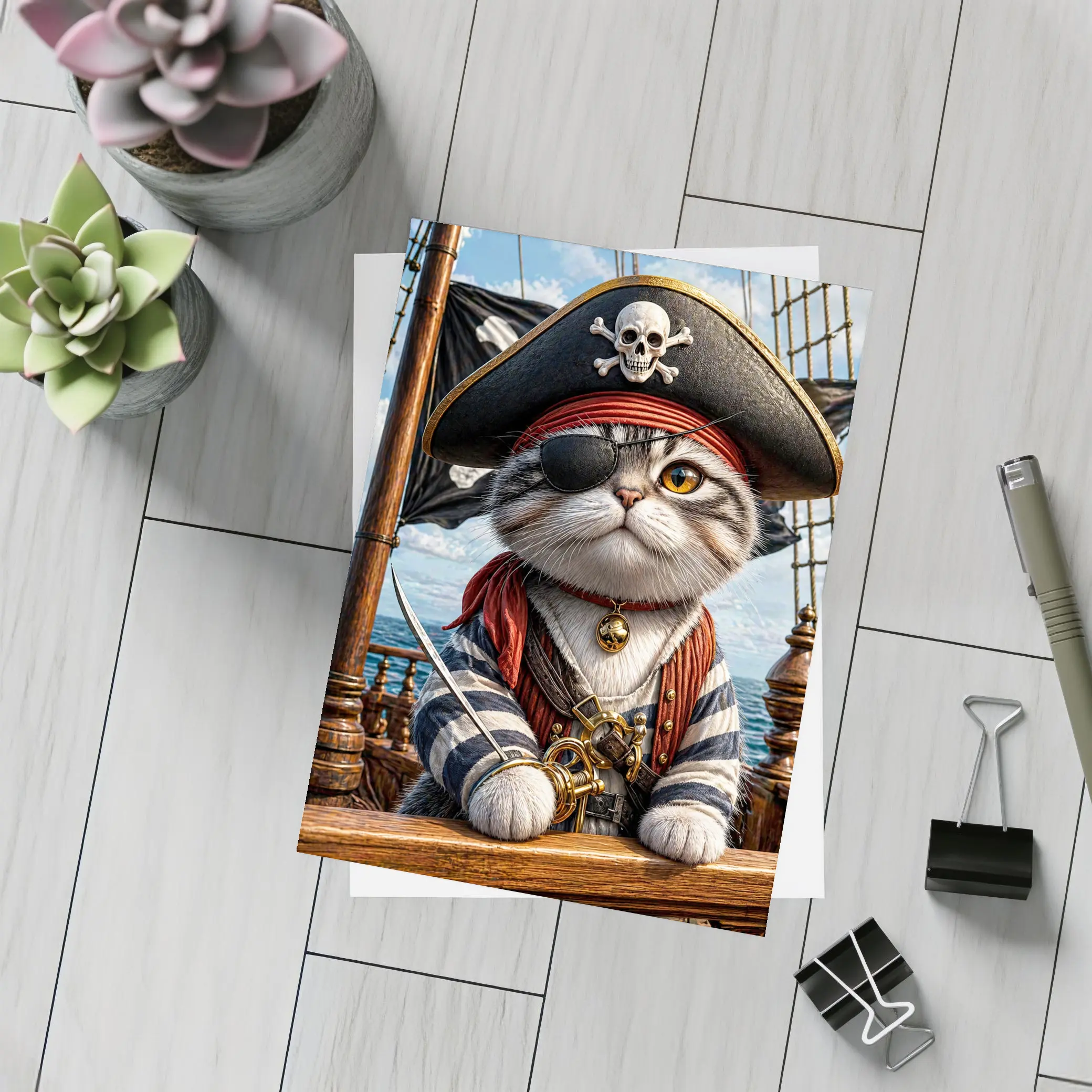 Pirate Cat on Ship Deck Ocean – Postcards