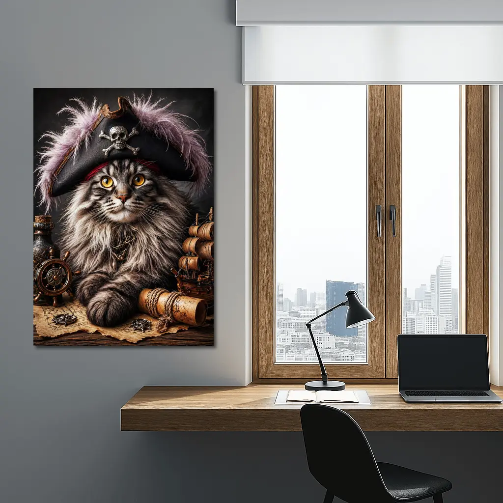 Maine Coon Pirate Captain Treasure Map Portrait – Wall Art