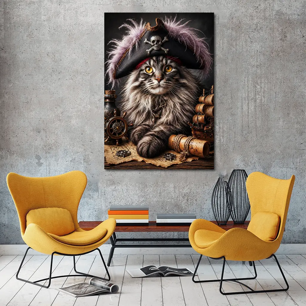 Maine Coon Pirate Captain Treasure Map Portrait – Wall Art
