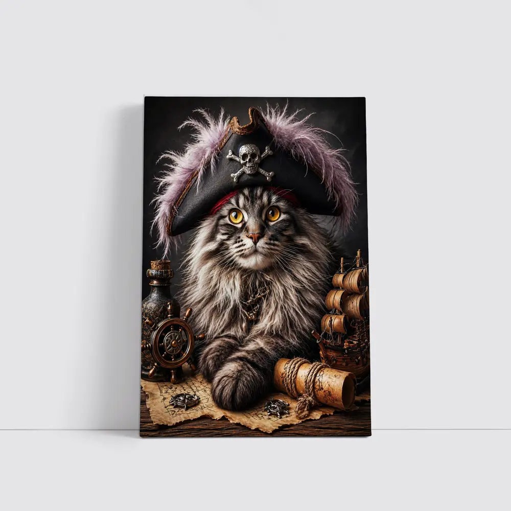 Maine Coon Pirate Captain Treasure Map Portrait – Wall Art