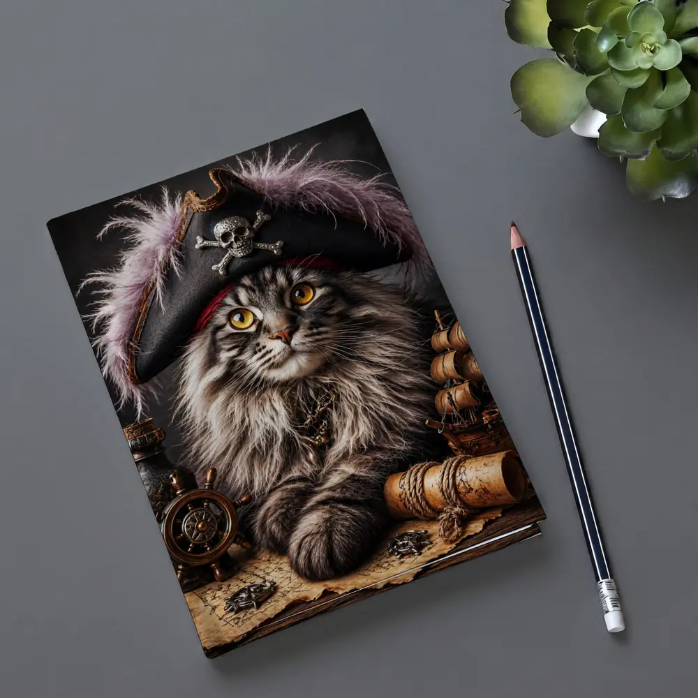 Maine Coon Pirate Captain Treasure Map Portrait – Notebooks
