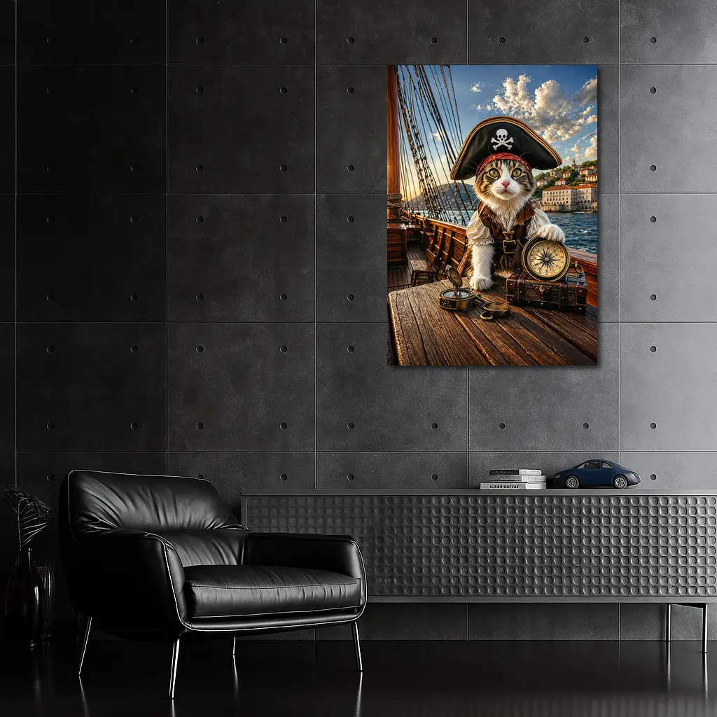 Pirate Cat With Compass On Ship – Wall Art