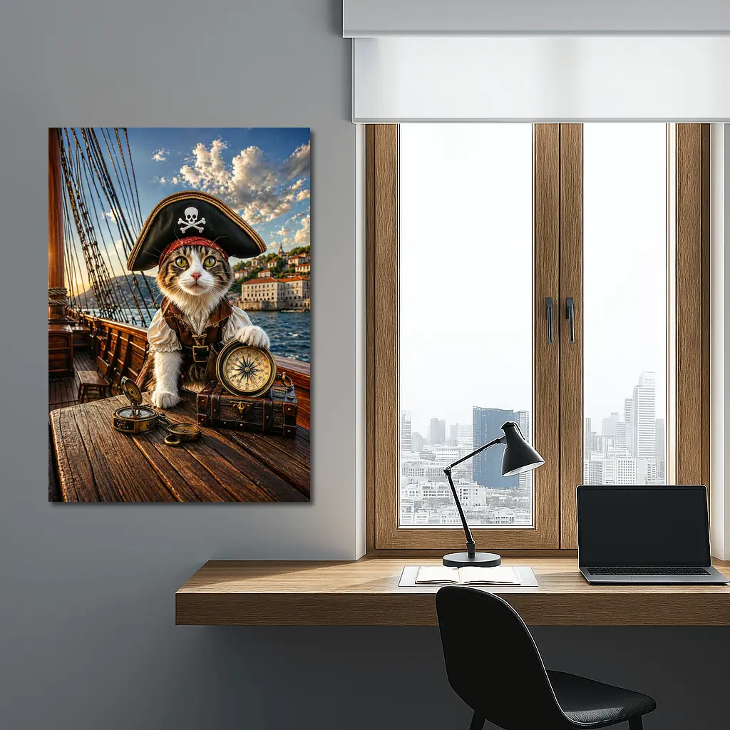 Pirate Cat With Compass On Ship – Wall Art