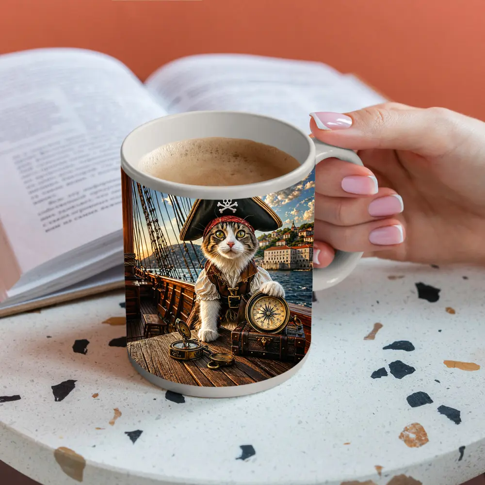 Pirate Cat With Compass On Ship – Mugs