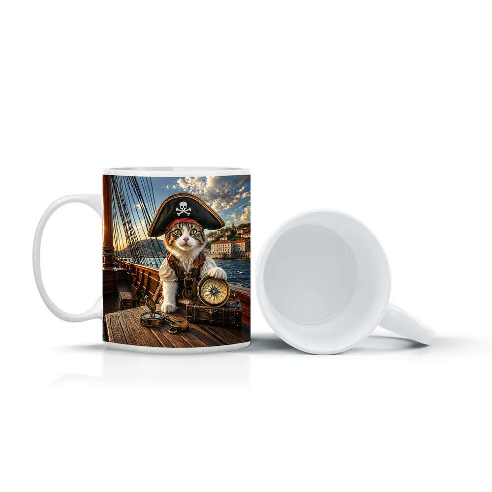 Pirate Cat With Compass On Ship – Mugs