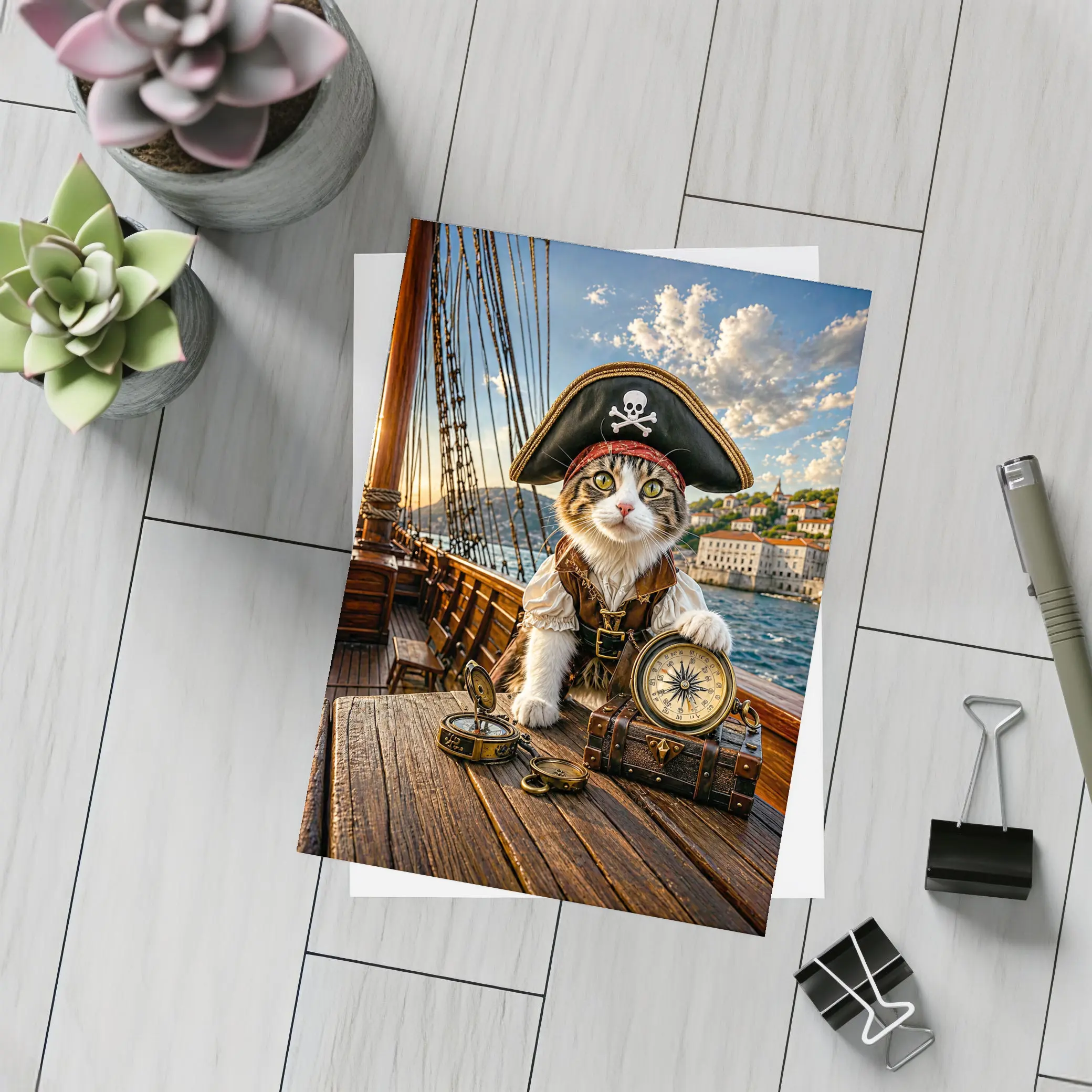 Pirate Cat With Compass On Ship – Postcards