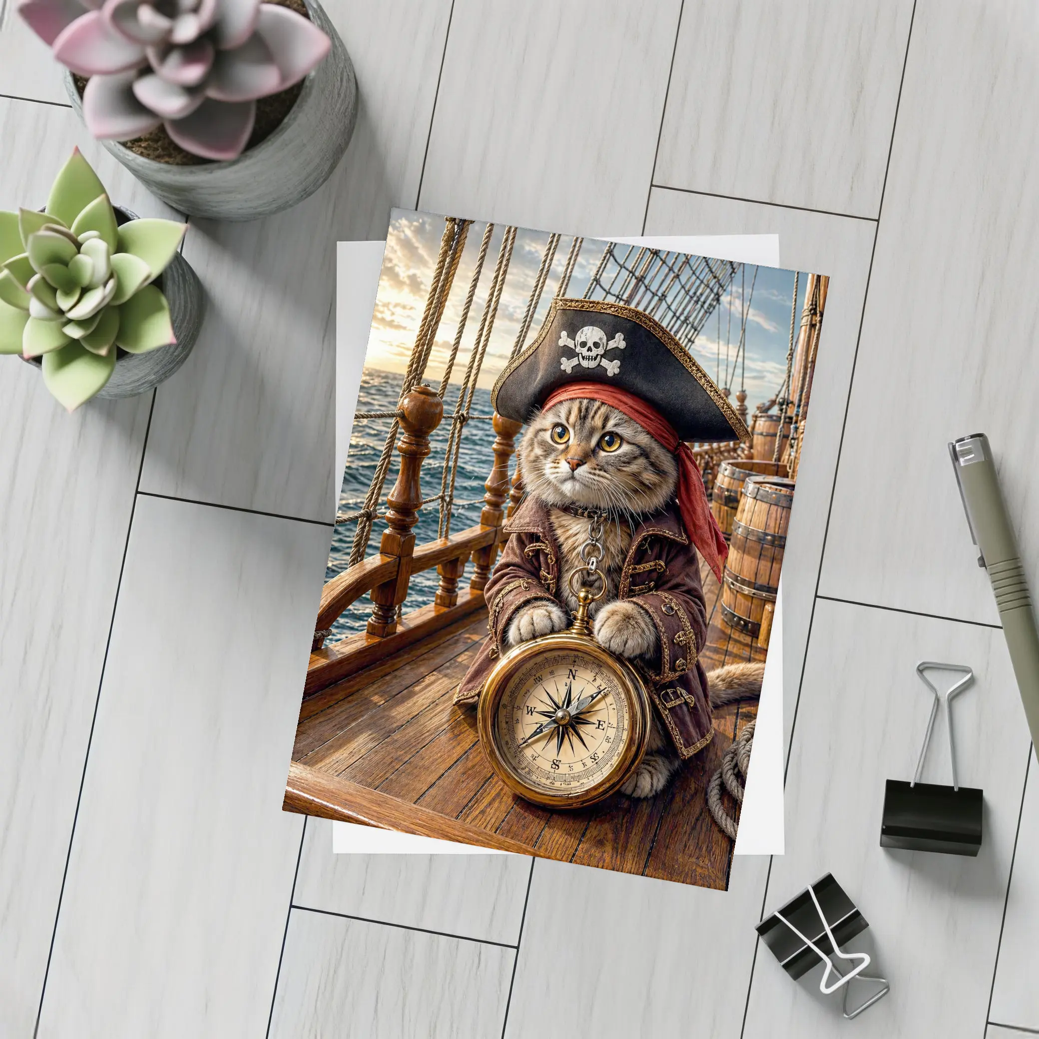 Scottish Fold Pirate Cat Compass Ship Deck – Postcards