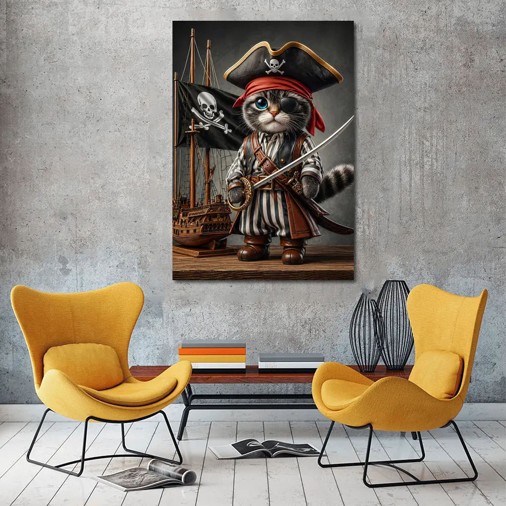 Pirate Cat With Sword and Ship – Wall Art
