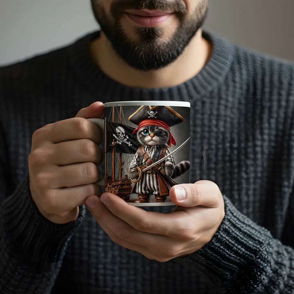 Pirate Cat With Sword and Ship – Mugs