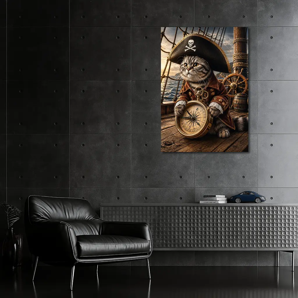 Scottish Fold Pirate Cat Holding Compass Ship – Wall Art