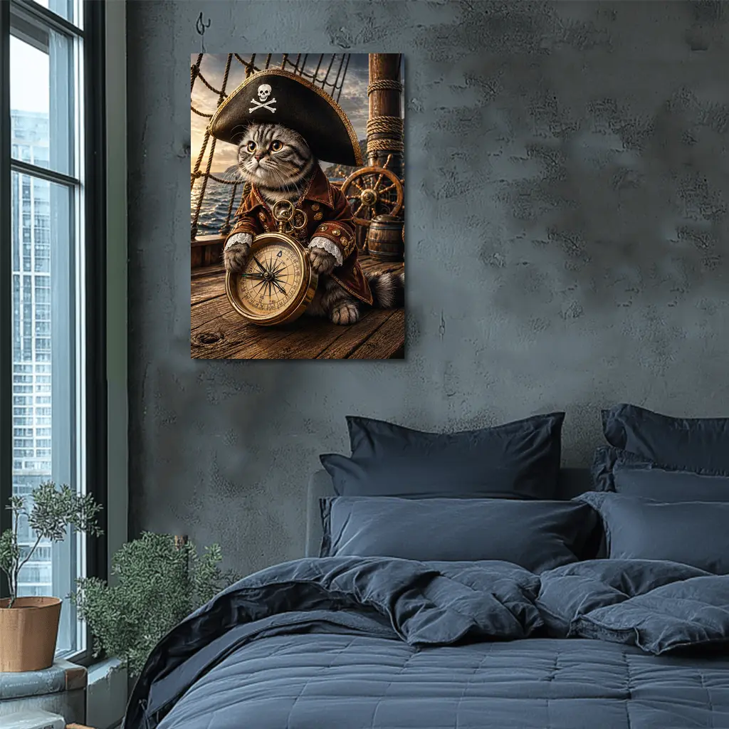 Scottish Fold Pirate Cat Holding Compass Ship – Wall Art