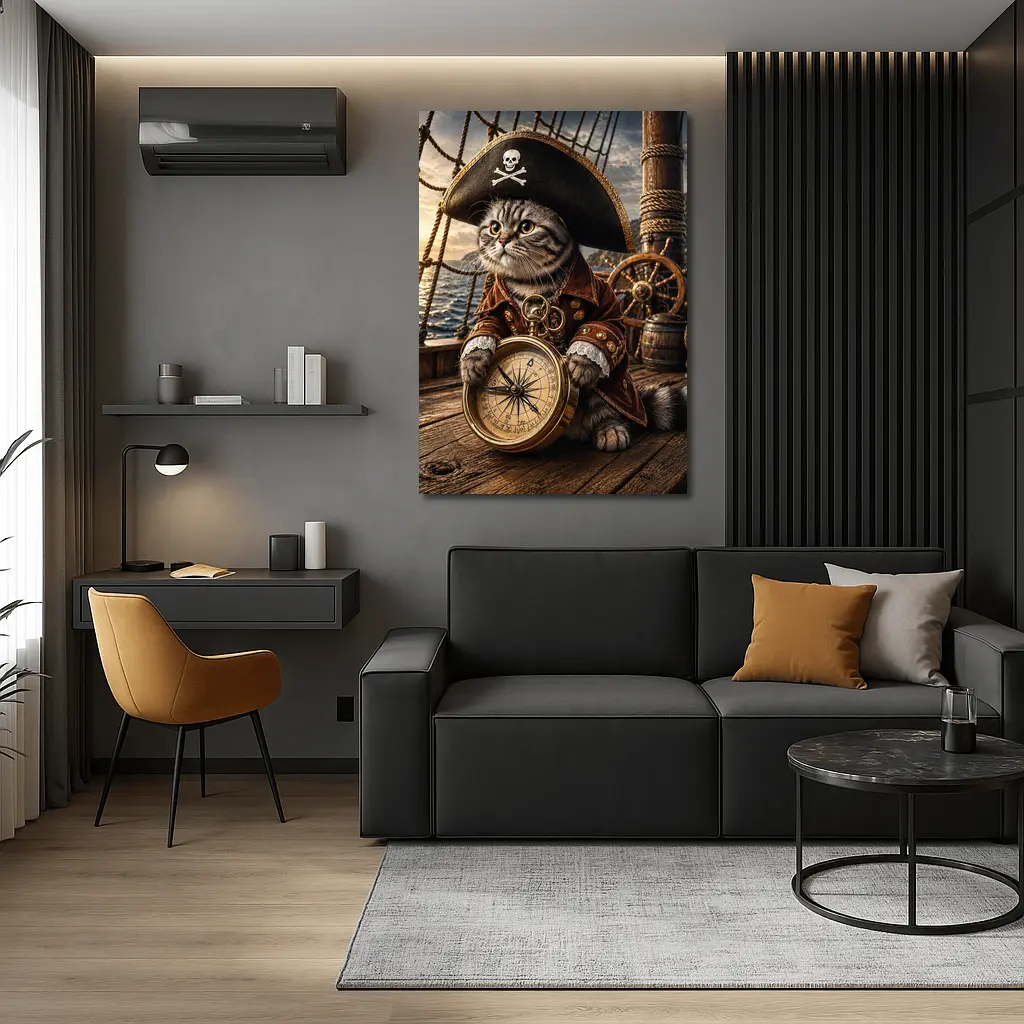 Scottish Fold Pirate Cat Holding Compass Ship – Wall Art
