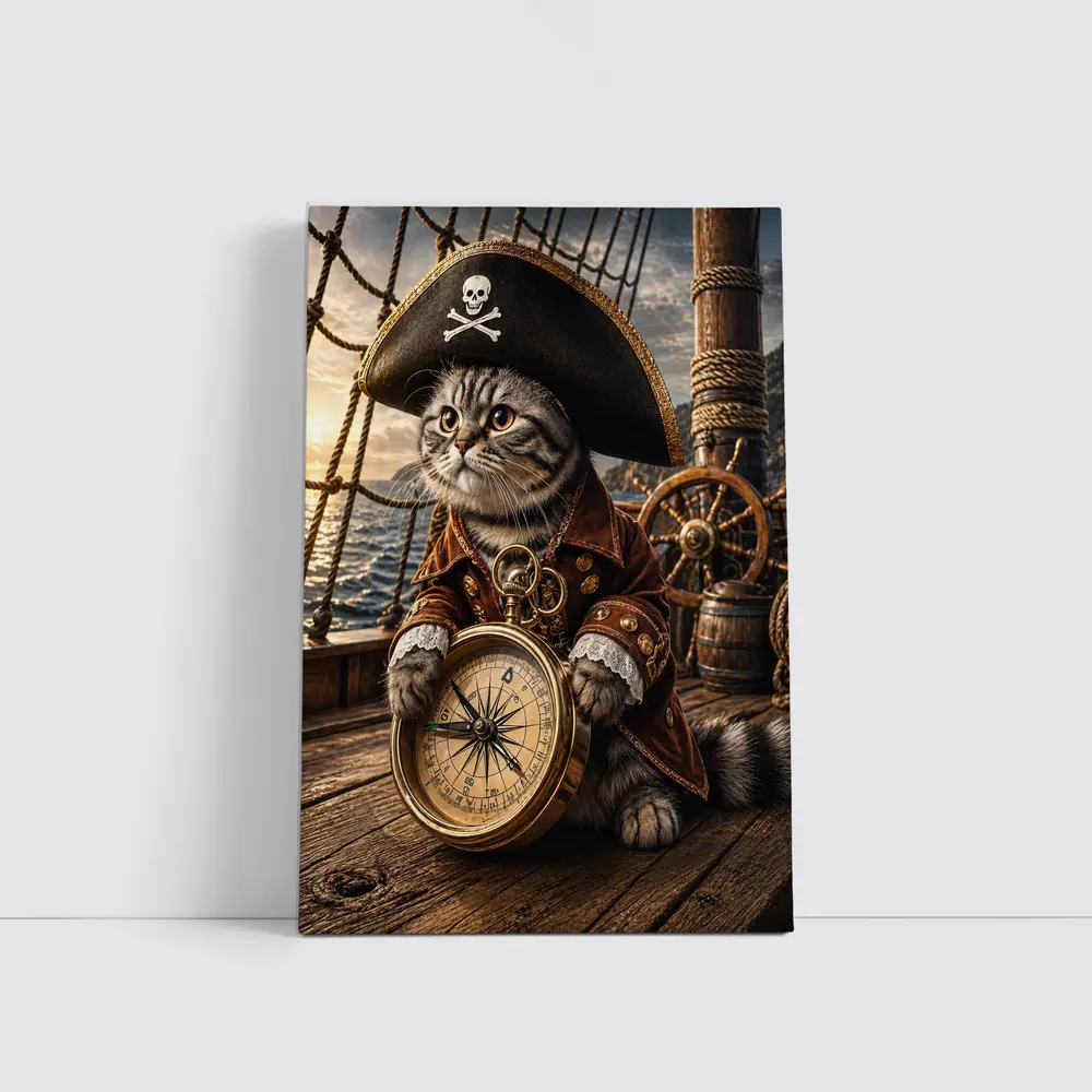 Scottish Fold Pirate Cat Holding Compass Ship – Wall Art
