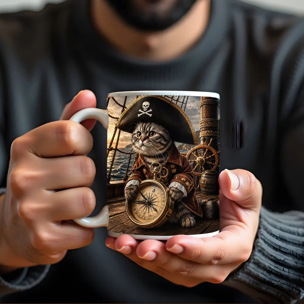 Scottish Fold Pirate Cat Holding Compass Ship – Mugs