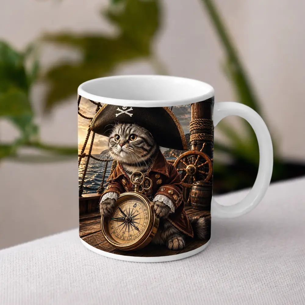 Scottish Fold Pirate Cat Holding Compass Ship – Mugs