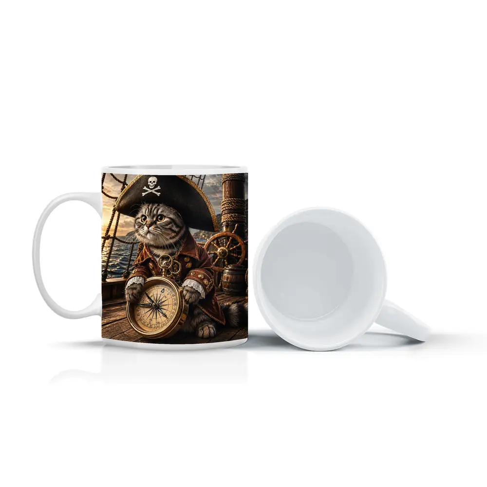 Scottish Fold Pirate Cat Holding Compass Ship – Mugs