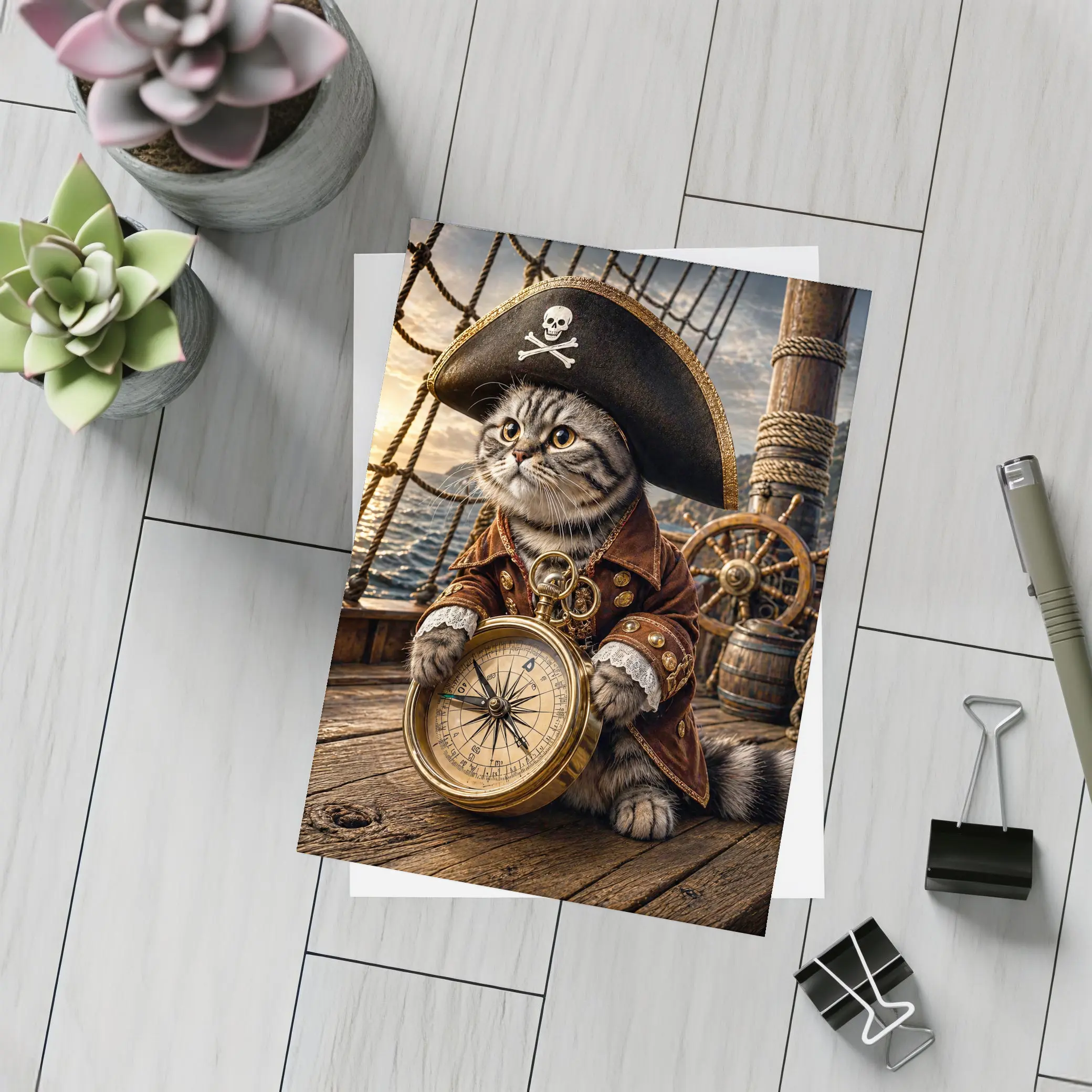 Scottish Fold Pirate Cat Holding Compass Ship – Postcards