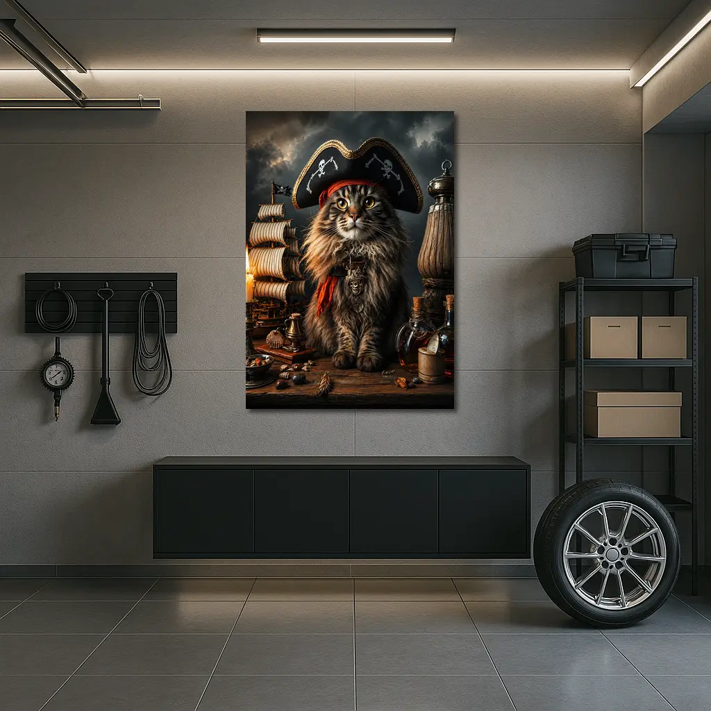 Pirate Maine Coon Cat Ship Dark Background – Wall Art