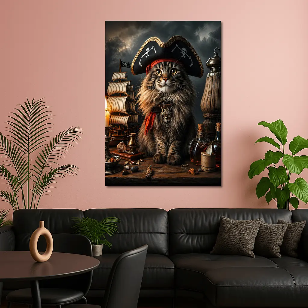 Pirate Maine Coon Cat Ship Dark Background – Wall Art