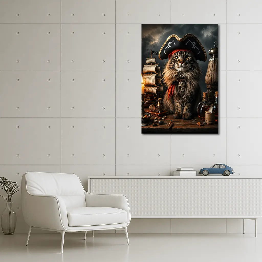 Pirate Maine Coon Cat Ship Dark Background – Wall Art