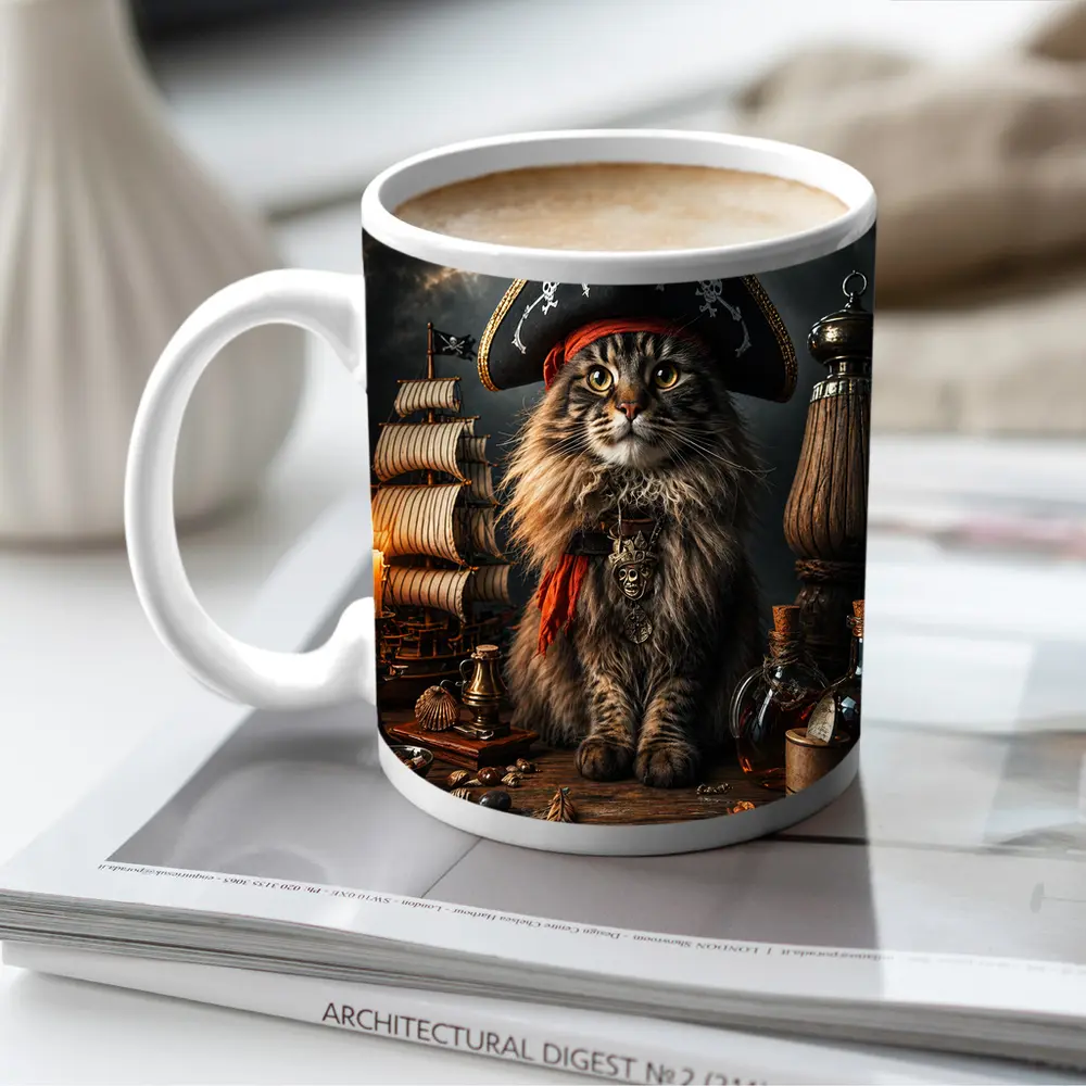 Pirate Maine Coon Cat Ship Dark Background – Mugs