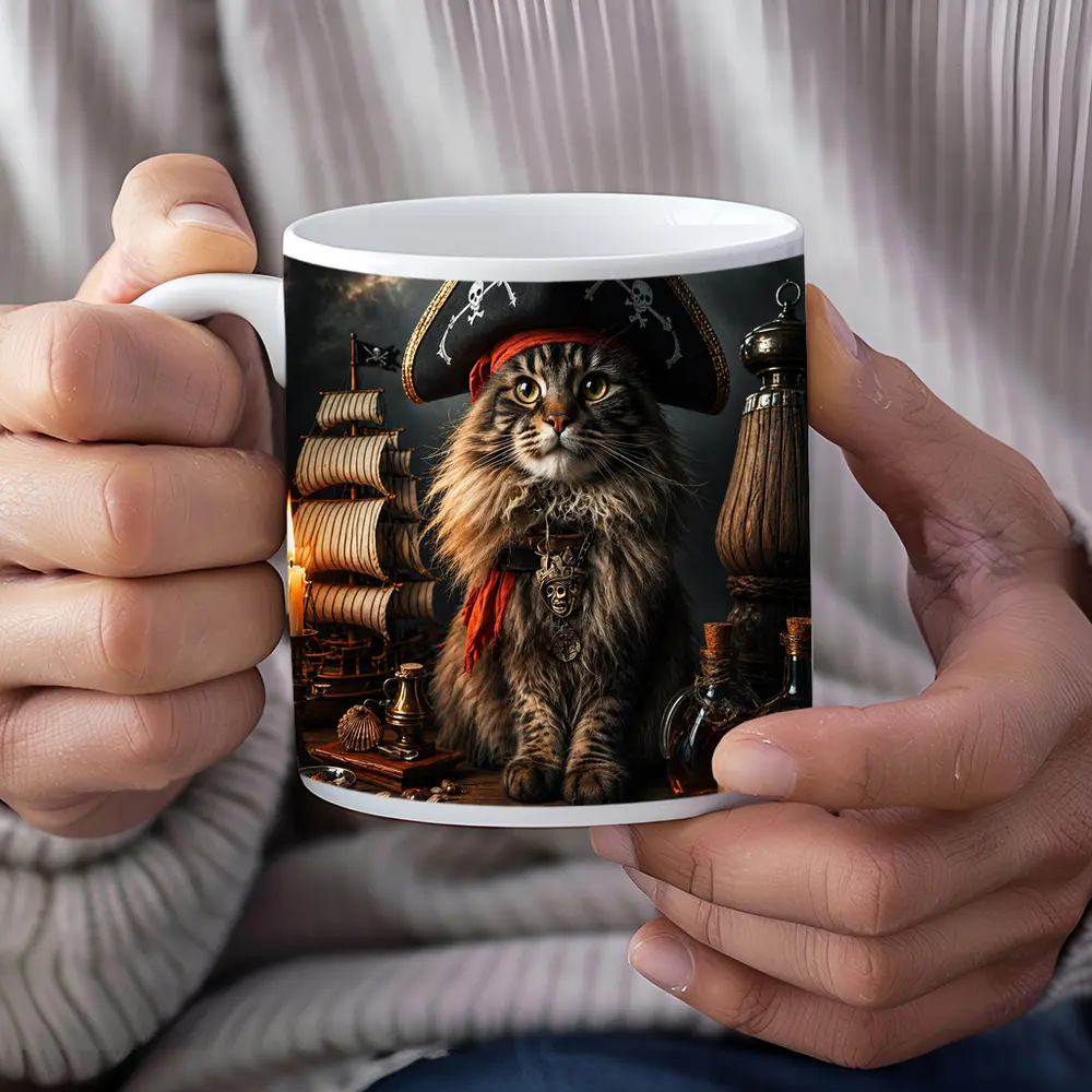 Pirate Maine Coon Cat Ship Dark Background – Mugs