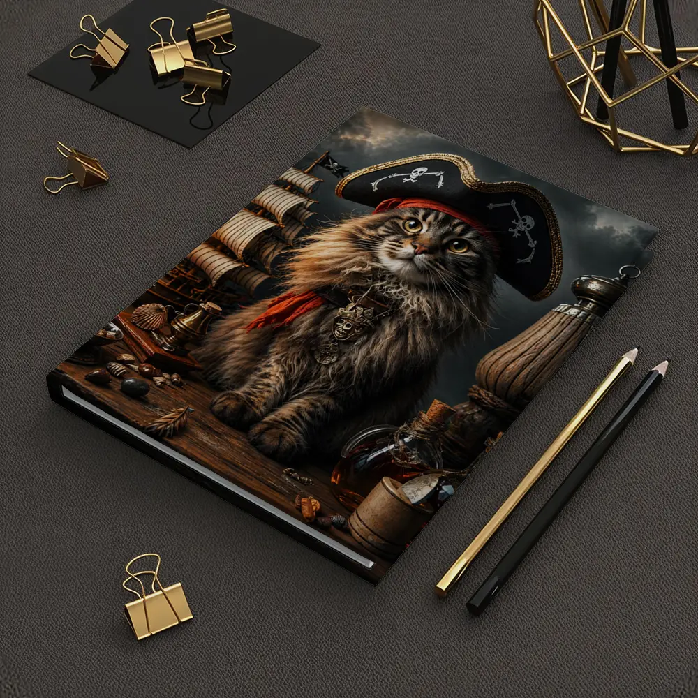 Pirate Maine Coon Cat Ship Dark Background – Notebooks