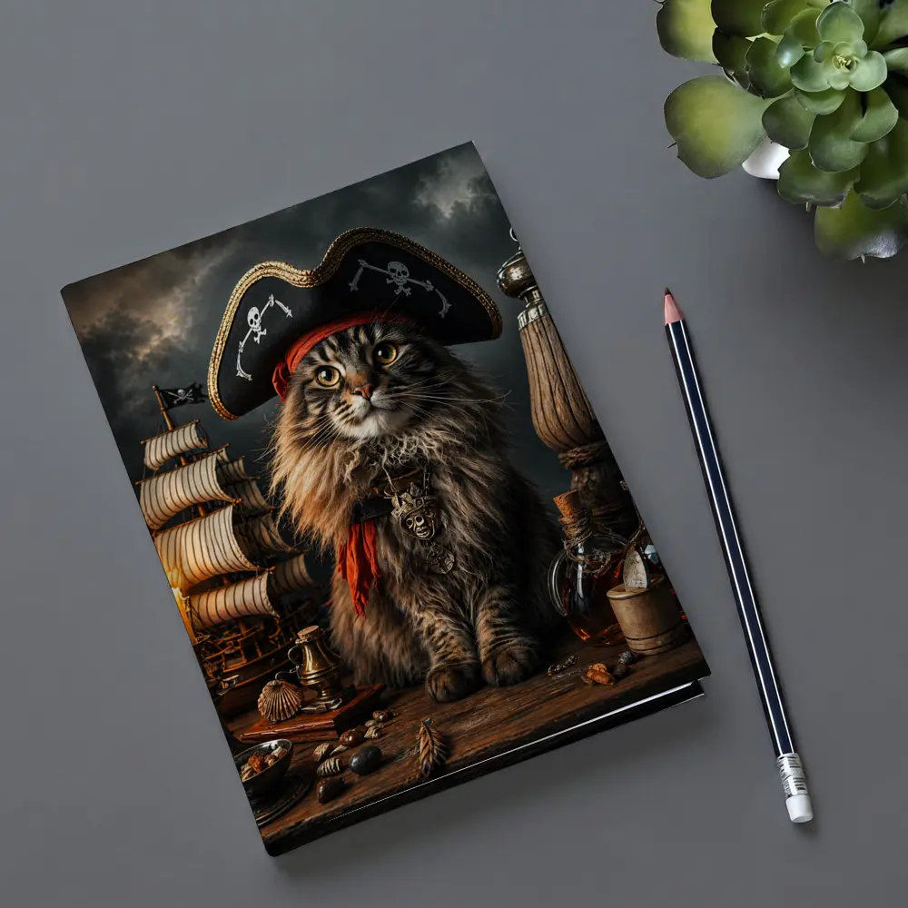 Pirate Maine Coon Cat Ship Dark Background – Notebooks